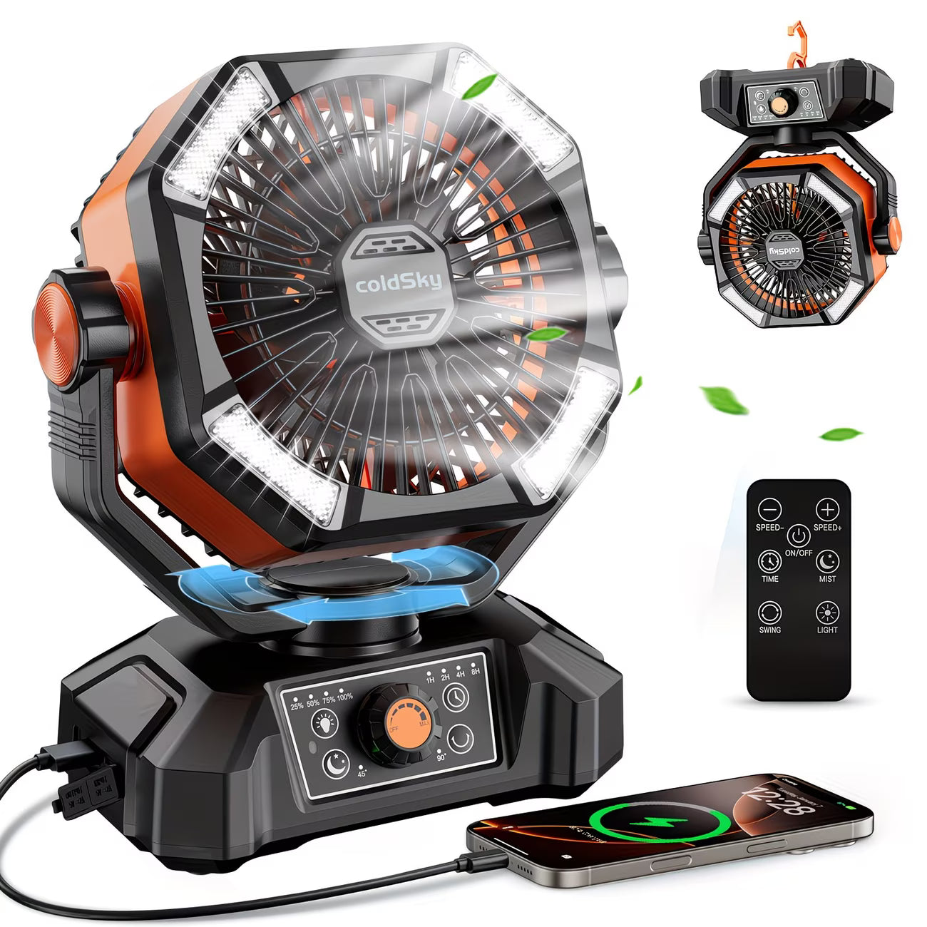 Portable Rechargeable Camping Fan with LED Light & Long-Lasting Battery, Multi-Speed Personal Cooling Fan