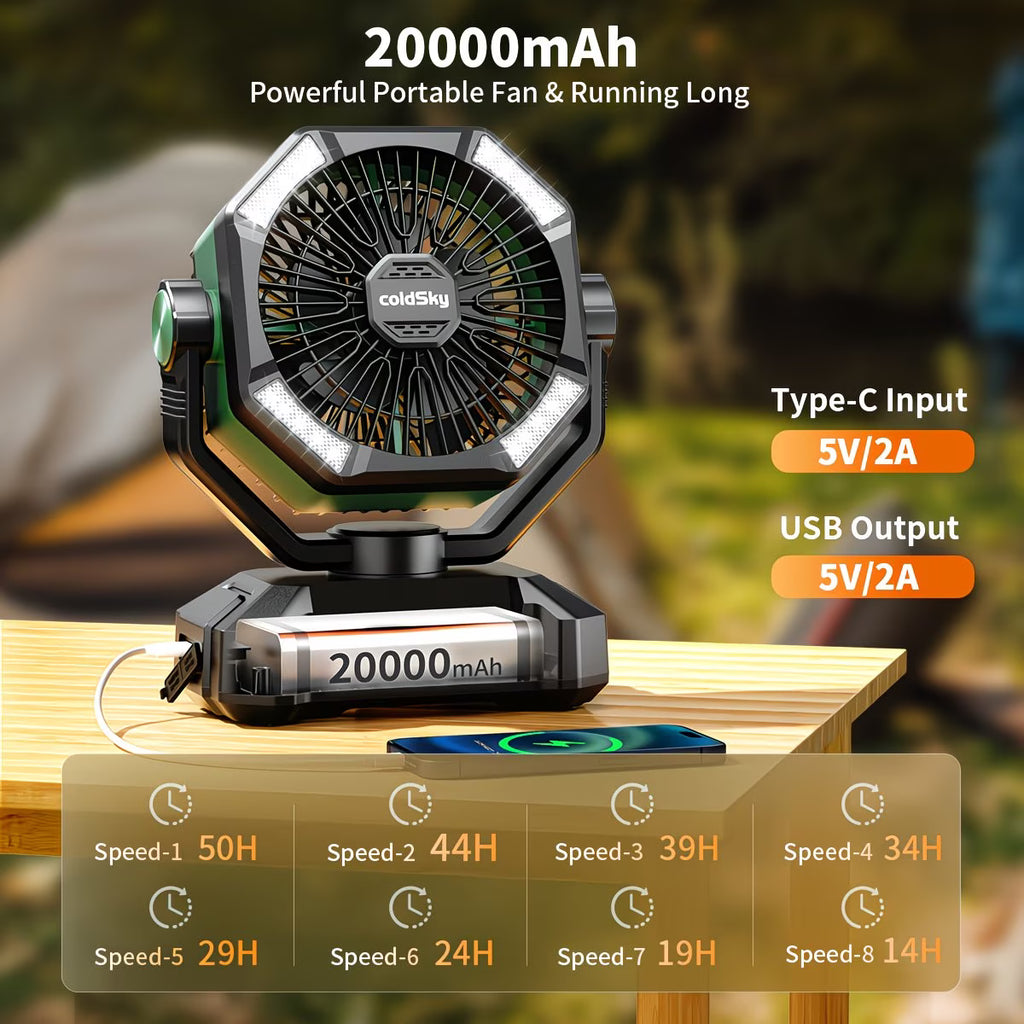 Portable Rechargeable Camping Fan with LED Light & Long-Lasting Battery, Multi-Speed Personal Cooling Fan